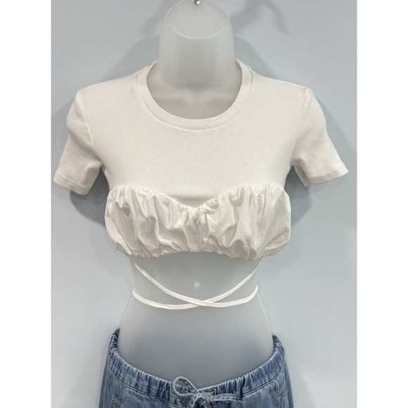 Zara White Crop Top Wrap Tie Bustier Corset Style Cotton Tee S Y2K - Picture 3 of 10